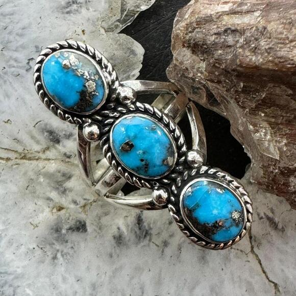 Native American Sterling Silver 3 Oval Matrixed Turquoise Ring Sz 6.75 For Women - Picture 1 of 10